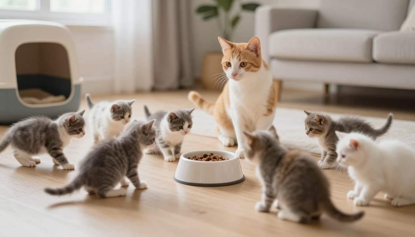 A domestic mother cat observes her numerous playful kittens exploring a bright, minimalist Scandinavian living room filled with food bowls, litter boxes, and a cozy yet subtly cluttered atmosphere in neutral tones and soft natural light.