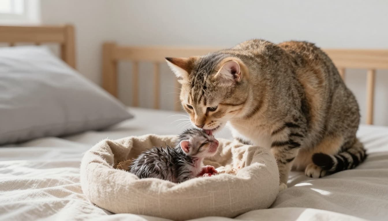 A mother cat gently licks her newborn kitten emerging from the amniotic sac in a soft nest inside a bright modern Scandinavian bedroom, captured in realistic premium lifestyle photography.
