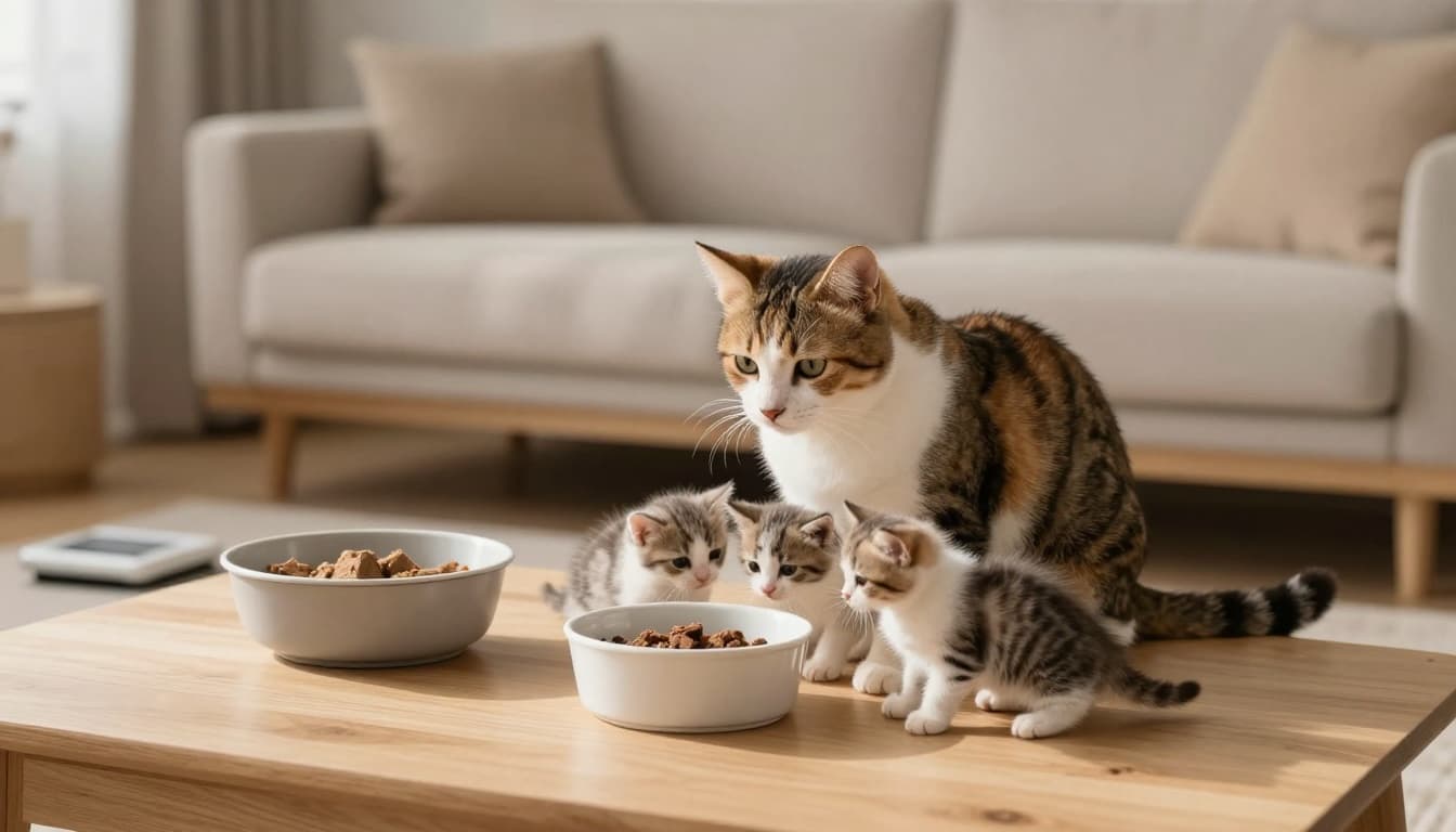 A domestic mother cat breastfeeds her newborn kittens in a cozy maternity corner of a modern Scandinavian living room filled with natural light and minimalist decor in light wood and beige tones. The serene scene includes nearby pet care items like food bowls, clean litter, weighing scale, and bottle, captured in premium realistic lifestyle photography with soft depth of field.