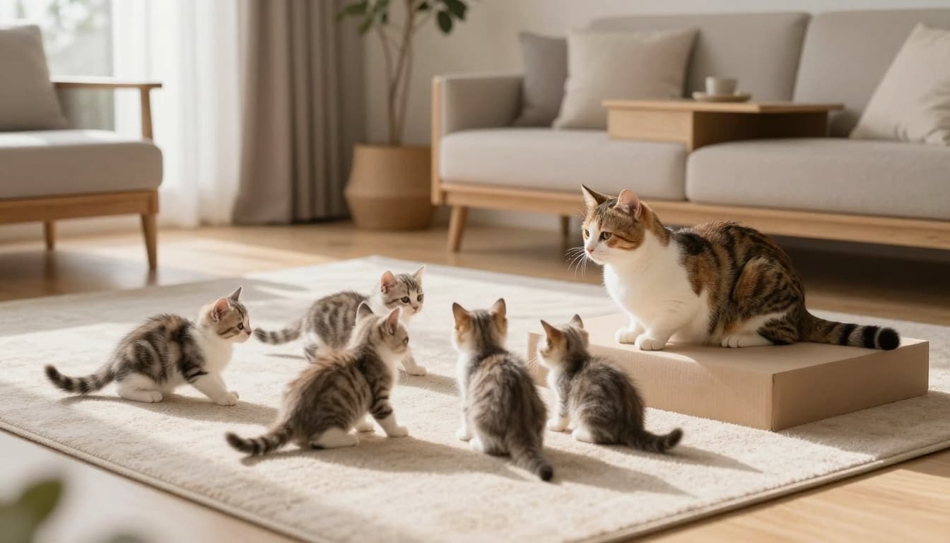 A relaxed mother domestic cat oversees her litter of 5-6 semi-grown playful kittens exploring safely in a cozy modern Scandinavian living room with natural light and minimalist decor.
