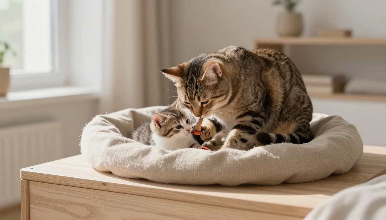 A gentle mother tabby cat grooms her playful kitten by lightly nibbling its fur in a cozy nest on a wooden platform in a minimalist Scandinavian home interior. Soft natural light highlights their bond in a serene atmosphere.