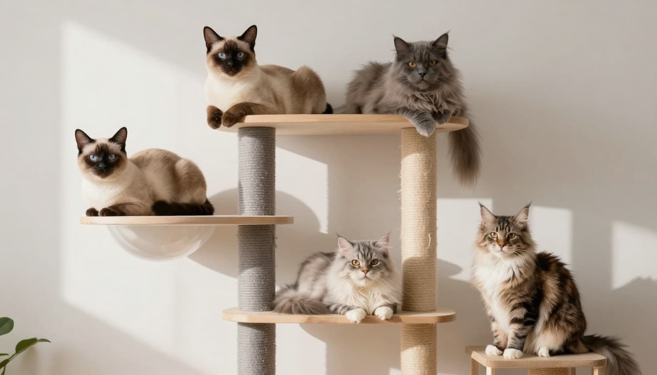 Several cats including Siamese, Birman, Persian, and Maine Coon rest comfortably on elevated platforms of a stylish cat tree in a serene Scandinavian interior with minimalist decor.