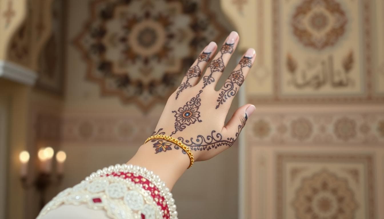 Main de mariée au henné avec alliance fine à l’annulaire droit, ambiance traditionnelle maghrébine
