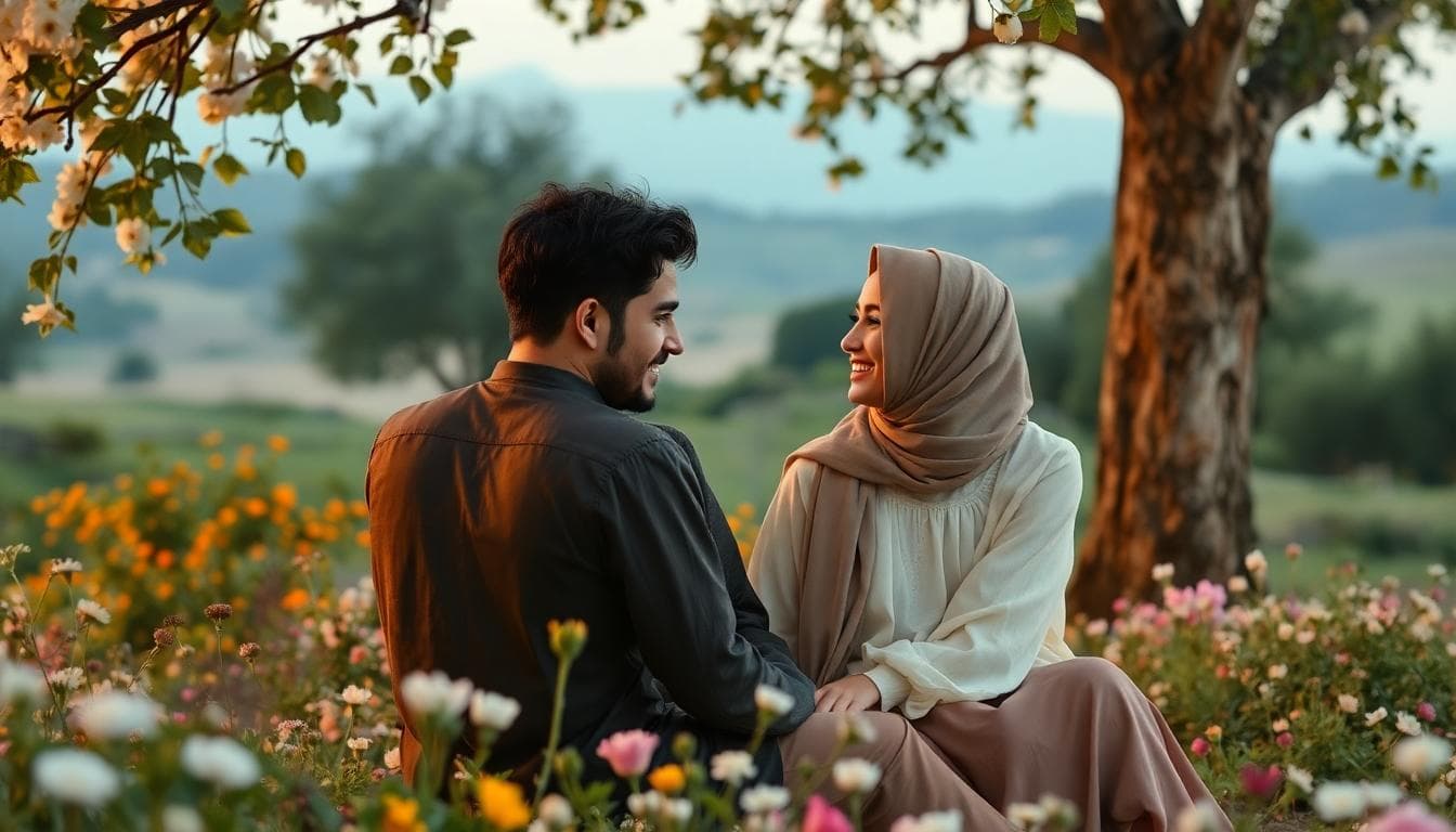 Couple musulman en fiançailles, assis dans un jardin fleuri, regards tendres sans contact, style bohème, lumière dorée du soir