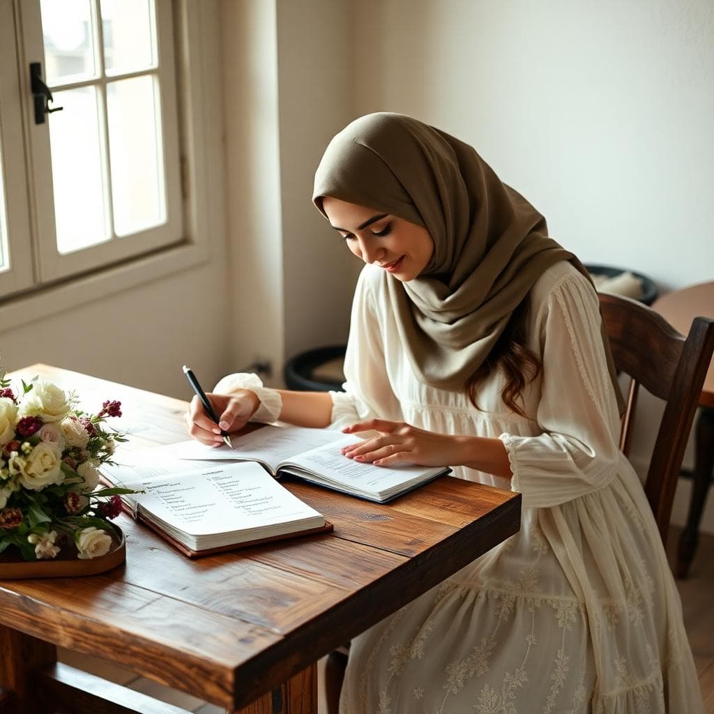 Future mariée voilée planifiant son mariage avec un cahier, ambiance chaleureuse et robe bohème fluide posée à côté