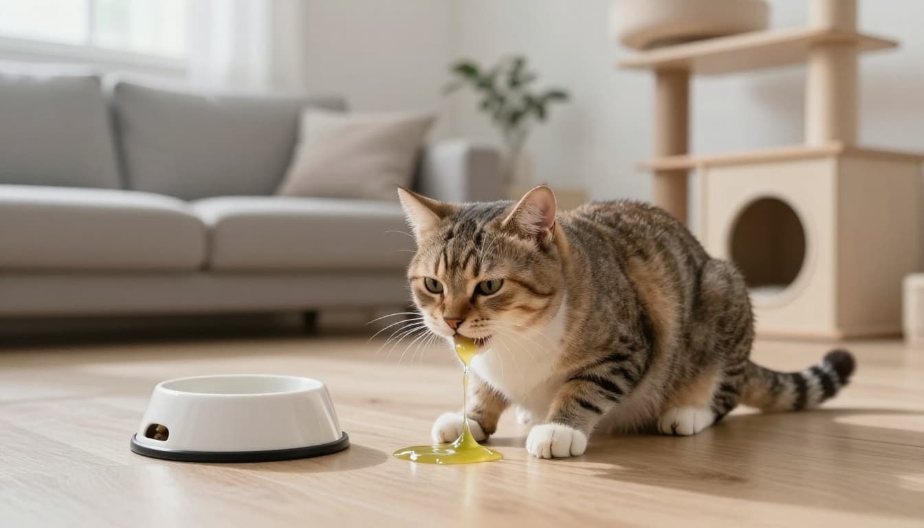 A domestic cat expels yellow-green bile vomit on a light wood floor near an empty food bowl in a cozy Scandinavian living room with minimalist decor.