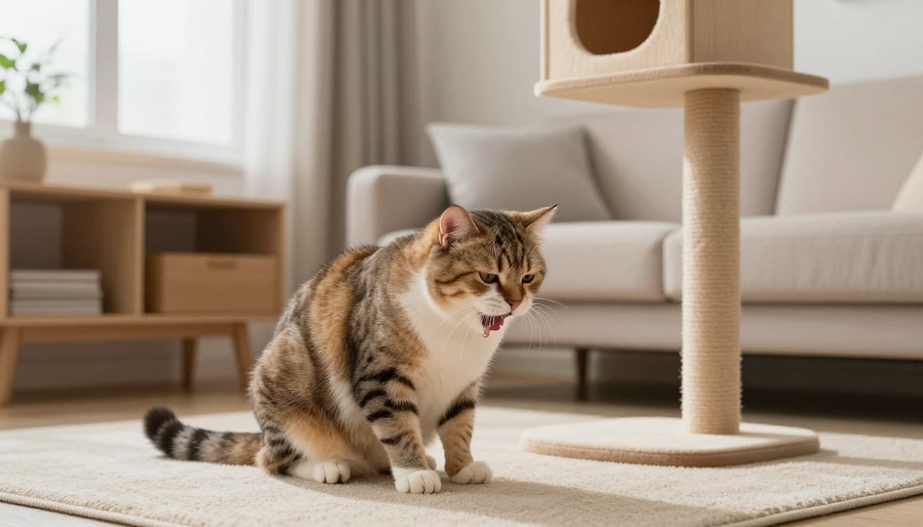A domestic cat displays nausea signs including excessive salivation, drool, hunched posture, and lowered head in a bright minimalist Scandinavian living room with premium lifestyle photography.