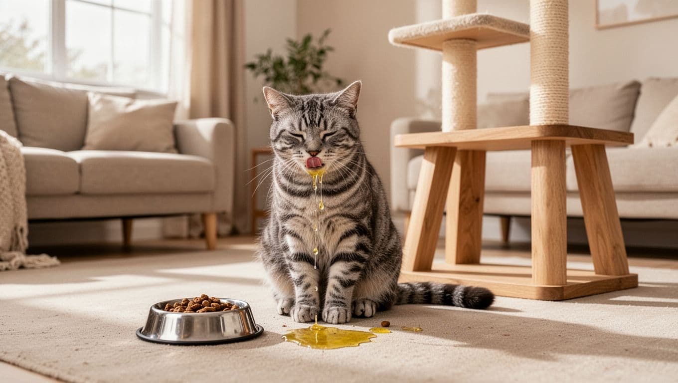 A single adult grey tabby cat exhibits nausea with hypersalivation, drool, and lip licking near a vomit puddle and ignored food bowl in a bright Scandinavian living room featuring neutral tones and minimalist decor.
