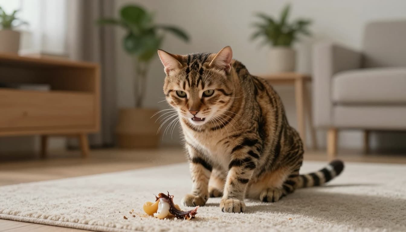 A tabby cat stands with a nauseous expression in a bright, minimalist Scandinavian interior, vomit with white foam and bile on the beige rug nearby.