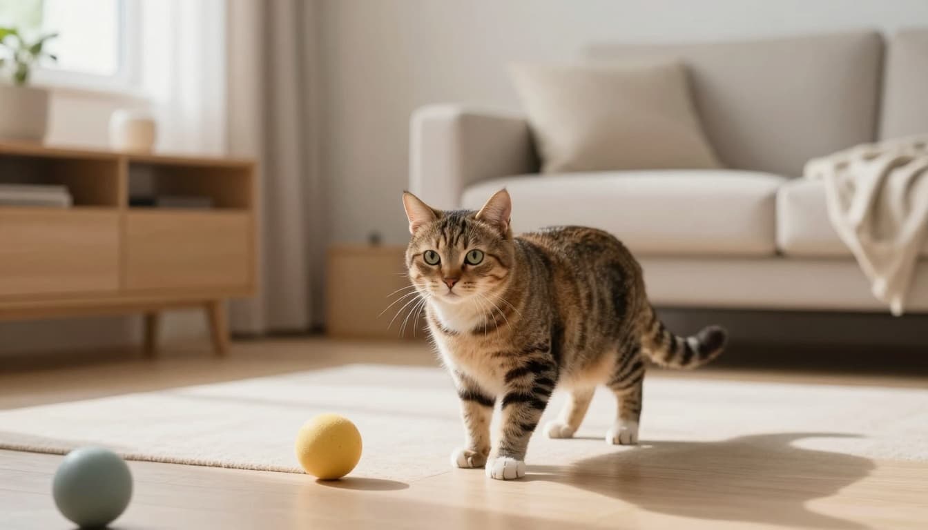 A domestic shorthair cat nervously watches a colorful hanging string near household toys like a ball and ribbon in a bright, cozy Scandinavian minimalist living room with natural light and neutral decor.