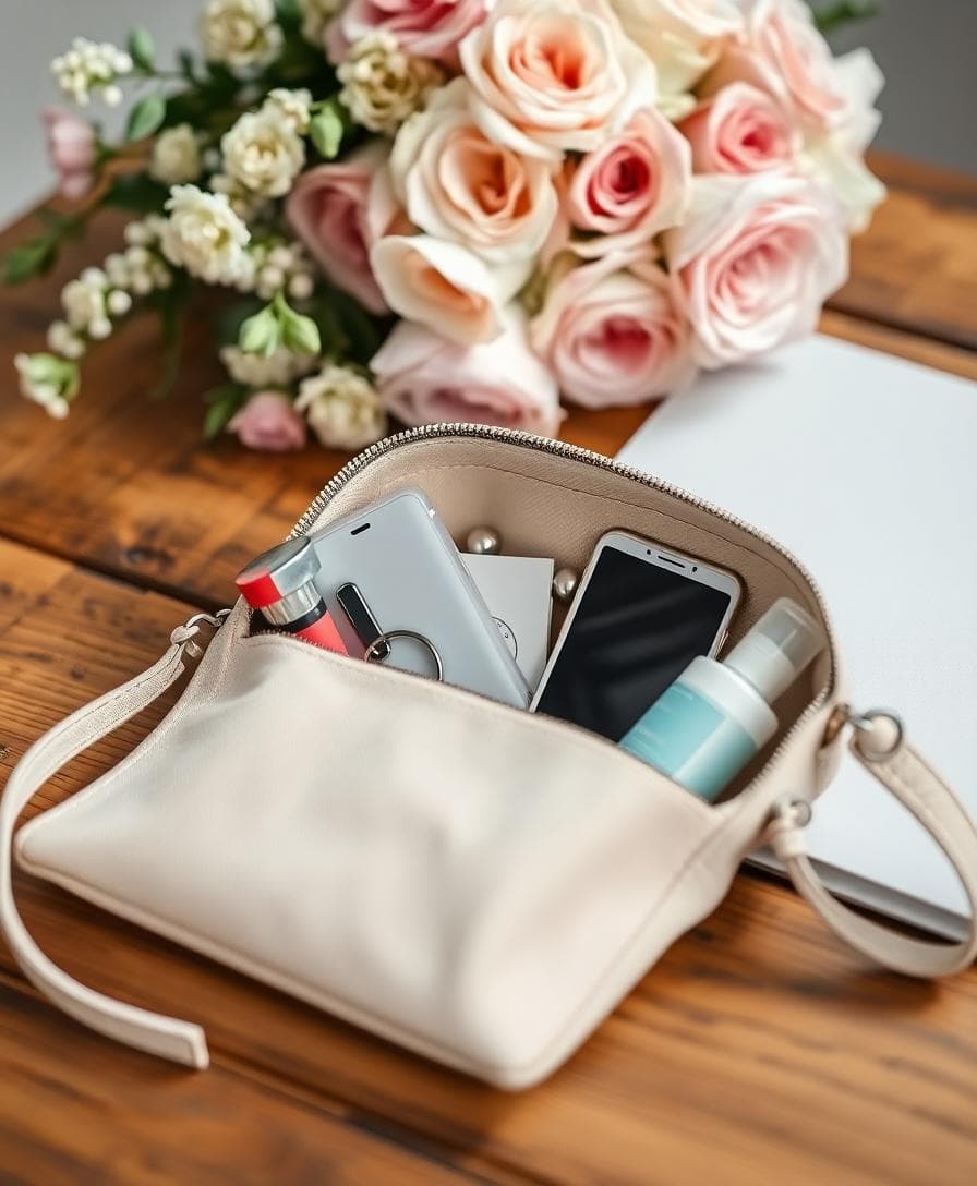 Pochette bohème ouverte avec essentiels minimalistes posés sur une table en bois, ambiance mariage