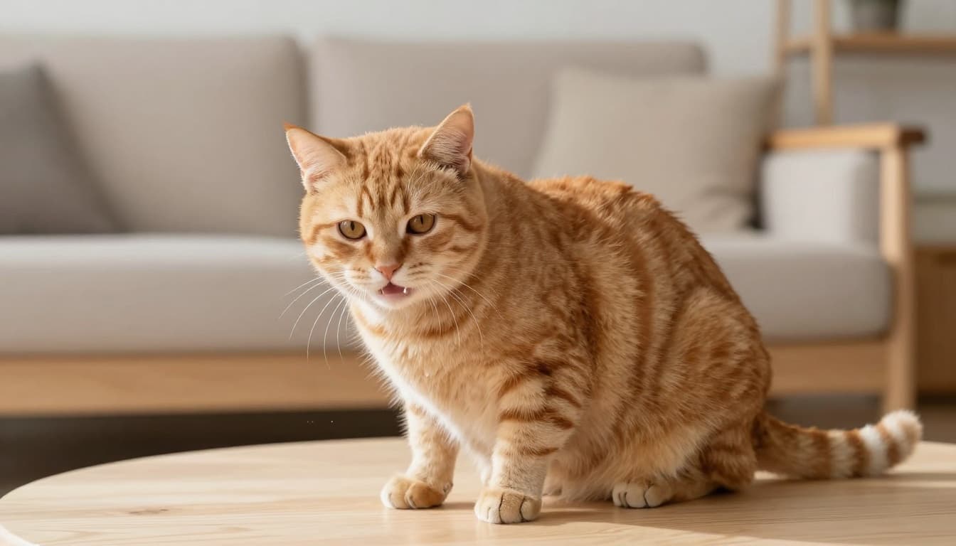 Close-up of an orange cat gently licking the neck of a gray cat in a bright Scandinavian interior, with soft natural light, shiny fur, and blurred wooden furniture creating a serene, cozy mood.