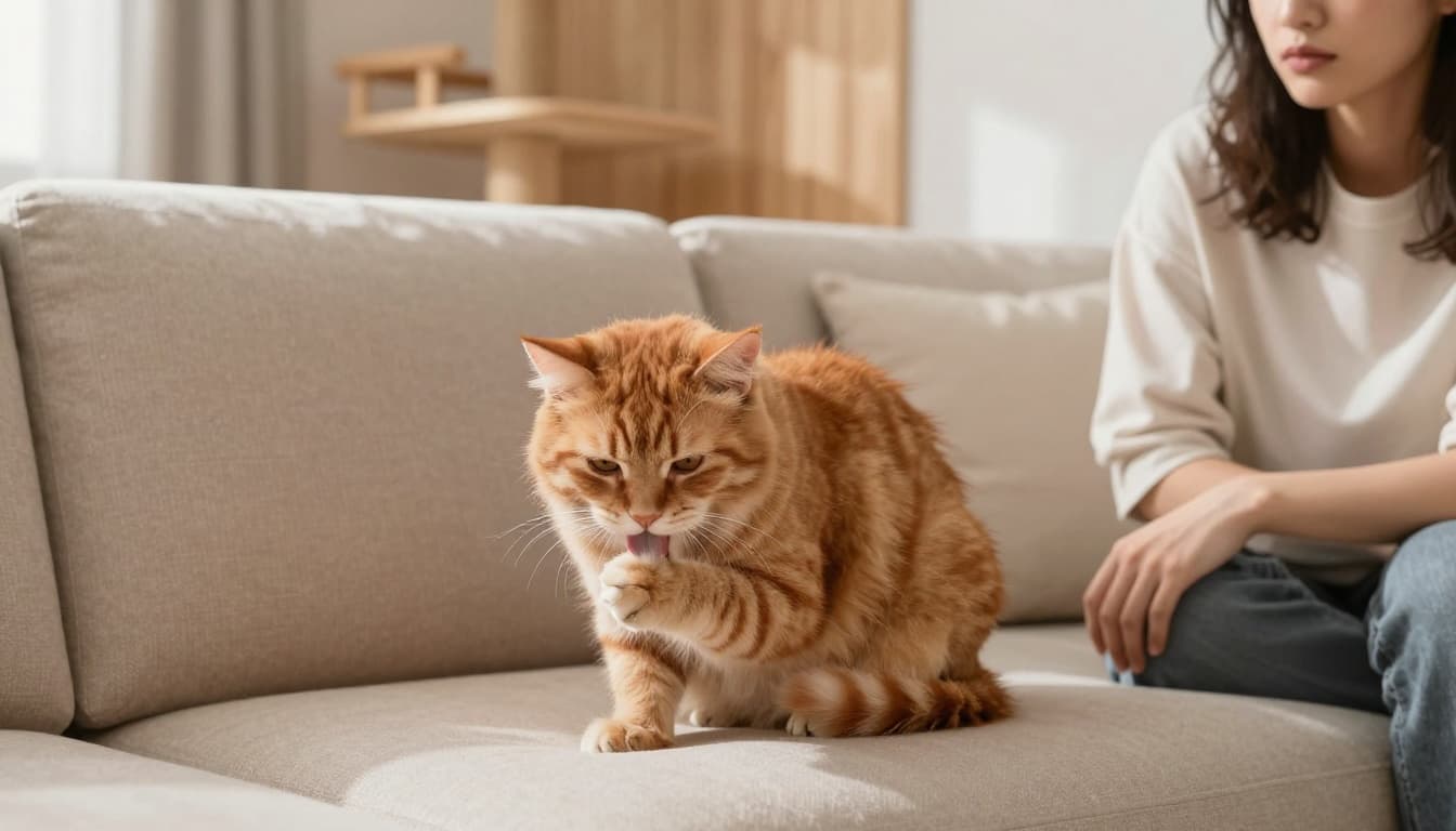 A fluffy orange tabby cat curled on a beige sofa in a bright Scandinavian living room obsessively licks its front paw with intense focus, appearing isolated and unkempt. A concerned person sits nearby watching gently, with a stylish Meowood cat tree in the background.