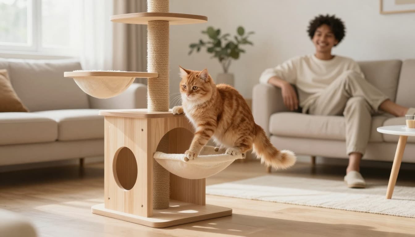 In a bright modern Scandinavian living room, a fluffy orange tabby cat climbs and plays on a stylish Meowood cat tree while a person sits smiling nearby.