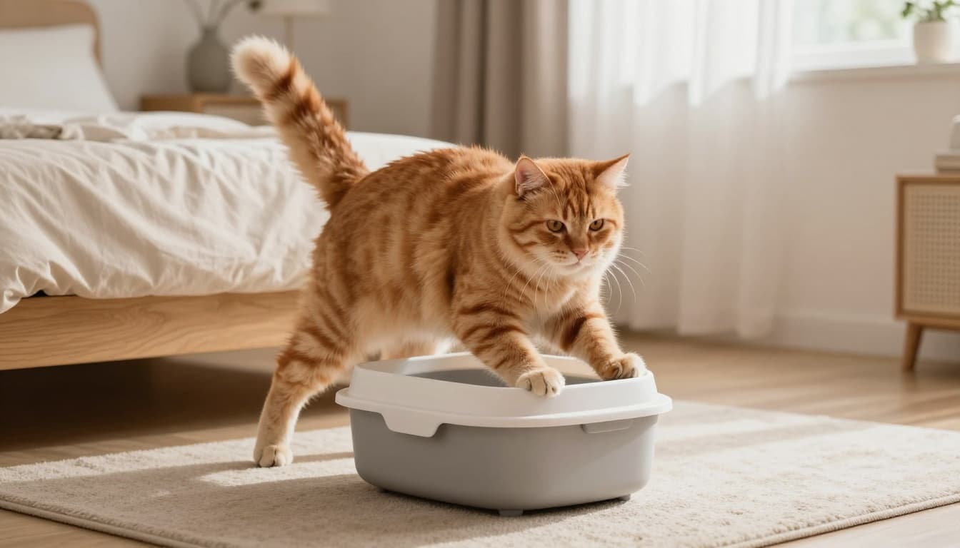 A fluffy orange tabby cat in a cozy Scandinavian bedroom strains tensely over a modern litter box, legs spread wide, back arched, with minimal urine and an agitated expression.