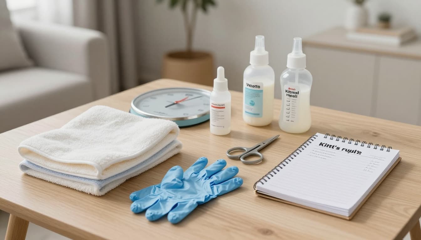 A neatly organized emergency kit for cat birth laid out on a light wood table in a bright Scandinavian interior, including clean towels, disposable gloves, sterilized scissors, antiseptic, kitchen scale, kitten milk replacer, and notepad with vet numbers.