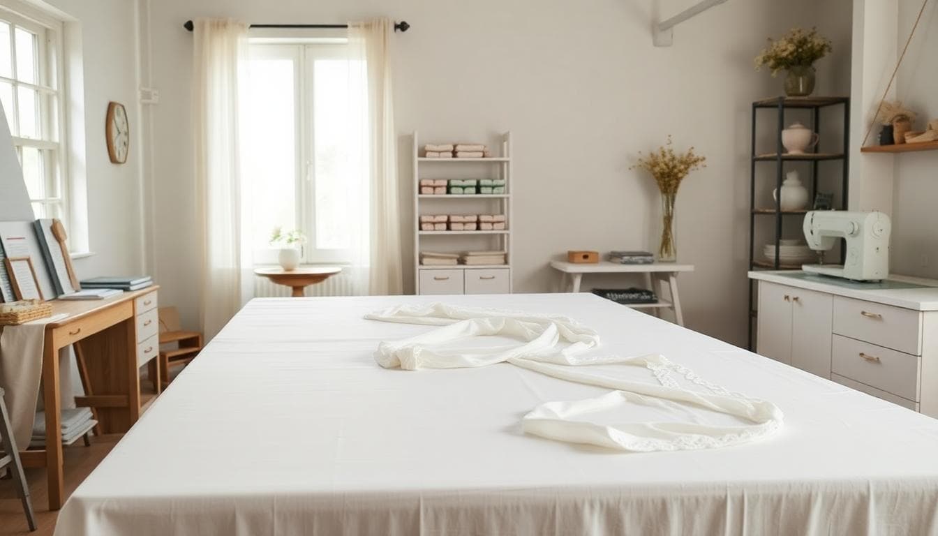 Espace de couture organisé avec grande table, tissus, poids de coupe, machine, et lumière naturelle, ambiance bohème douce
