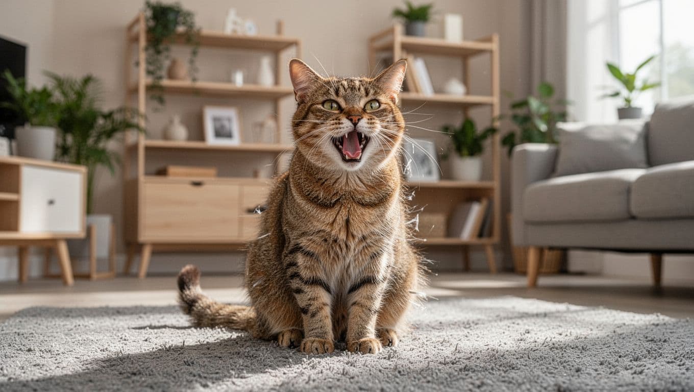 A single cat sits tense on a soft grey rug in a cozy modern living room, panting rapidly with mouth slightly open, subtle shivers in fur, and warm-toned ears and back, amid Scandinavian decor with light wood shelves, plants, and bright natural light.