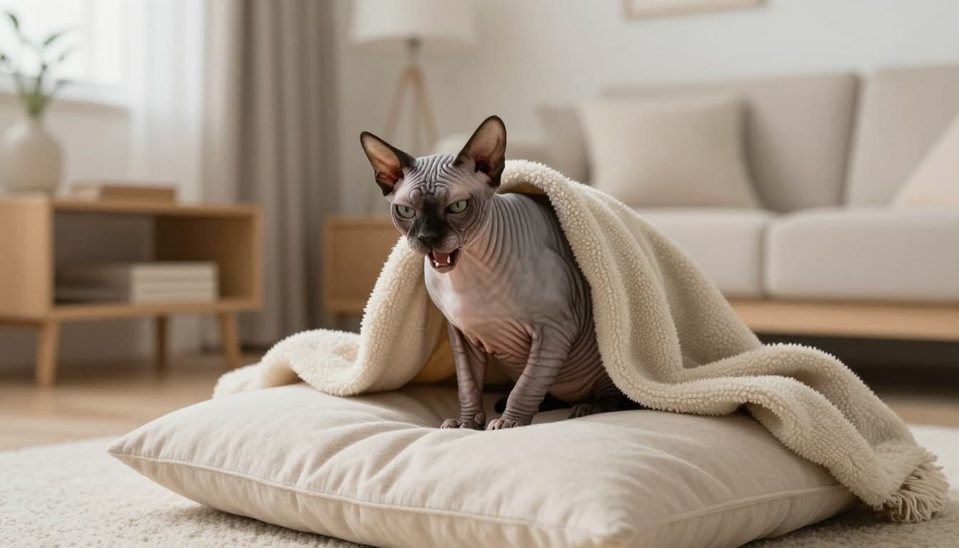A hairless Sphynx cat looks uncomfortable and overheated, panting slightly with a blanket partially covering its body on a soft cushion in a warm minimalist Scandinavian living room.