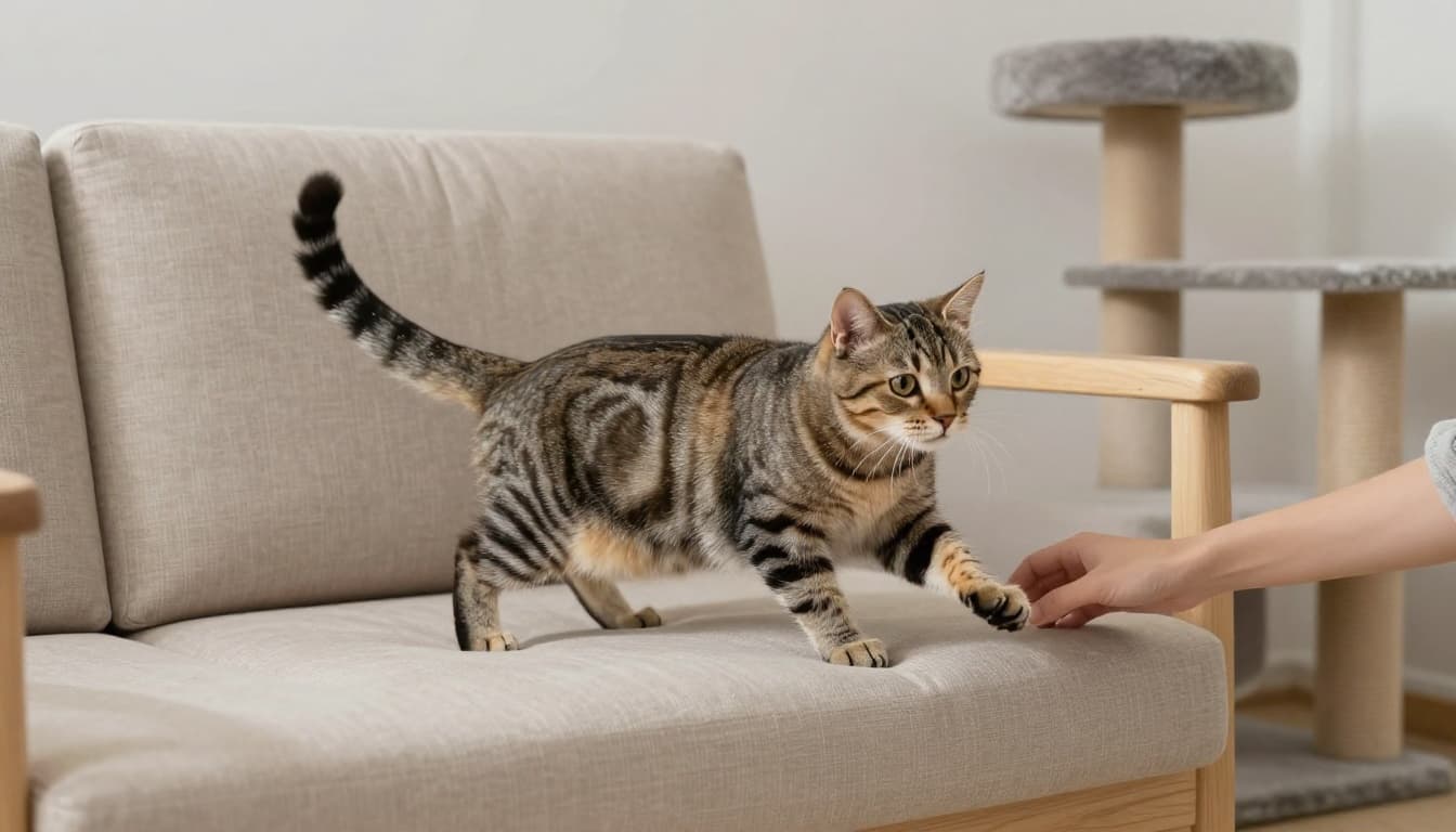 A tabby cat shows overstimulation from petting with rippling skin, flicking tail, flattened ears, and tense body on a light wood sofa in a bright minimalist Scandinavian living room. Owner's hand touches the tail base near a premium cat tree, captured in realistic premium lifestyle photo with natural light and soft depth of field.