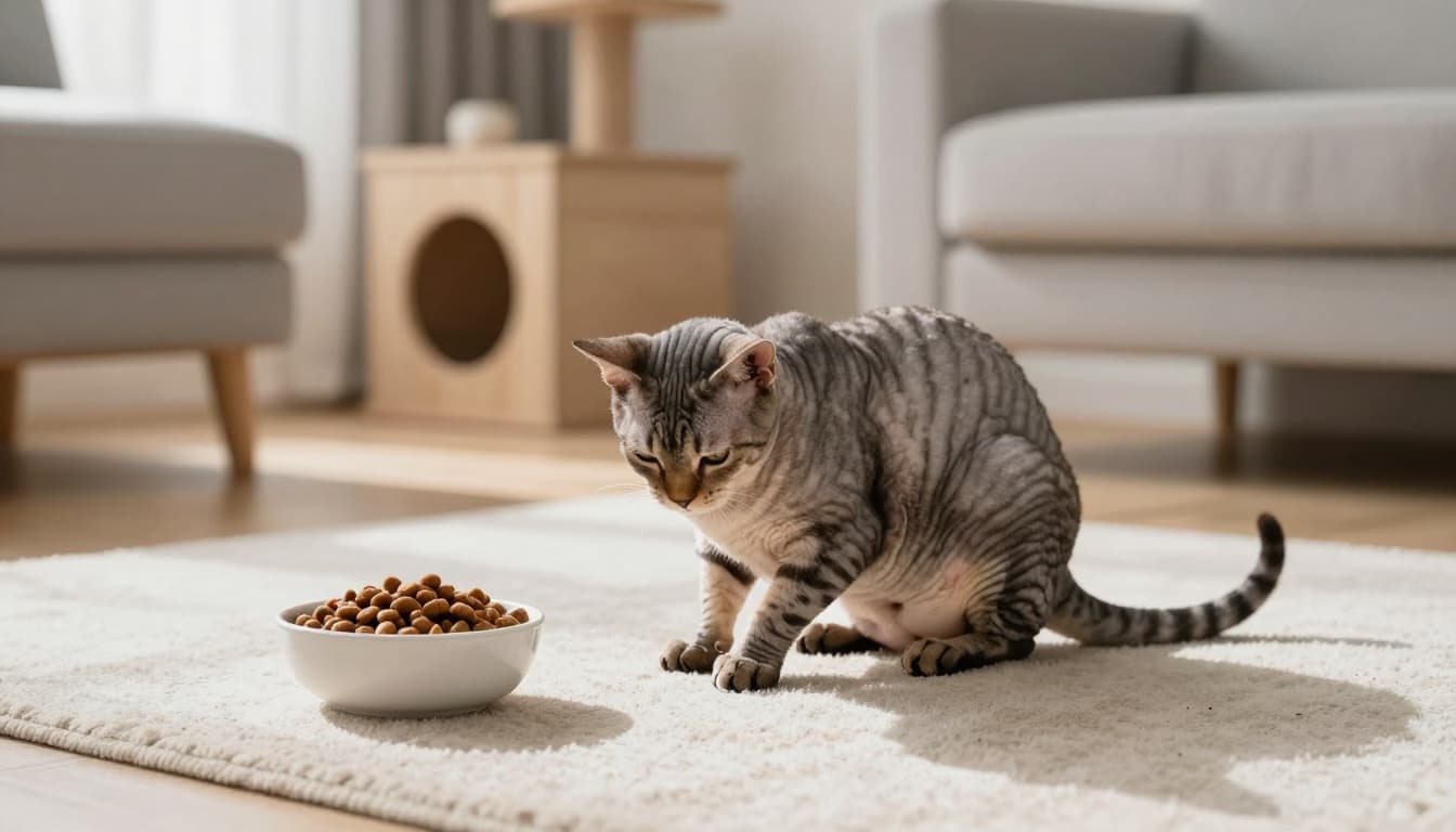In a cozy Scandinavian living room with minimalist decor, an overweight sterilized tabby cat uncomfortably struggles to groom itself on a plush rug near a full kibble bowl.