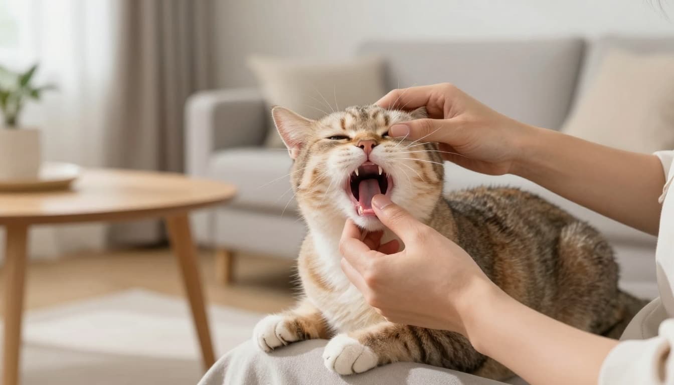 Close-up of a caring owner's hand gently lifting a calm domestic cat's upper lip on their lap to reveal pink and moist gums indicating good hydration, in a warm Scandinavian living room with natural light.