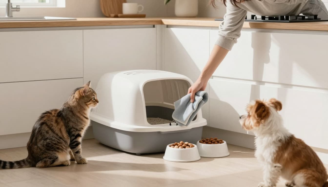 Premium lifestyle photography of an owner gently cleaning a cat litter box and food bowls in a bright minimalist Scandinavian kitchen, with a calm cat and small dog watching attentively amid warm natural light and neutral tones.