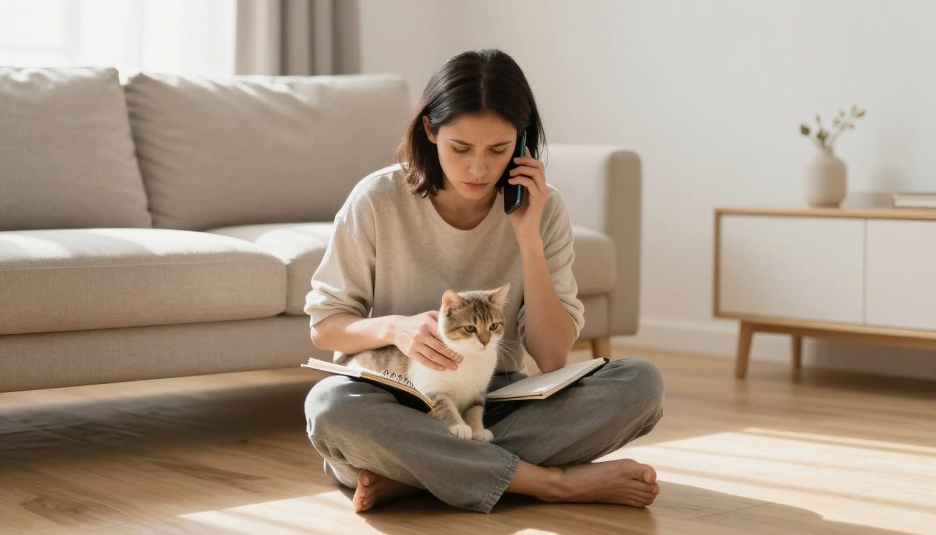 In a bright minimalist Scandinavian living room with light wood floors and beige sofa, a concerned owner sits on the floor gently holding a calm domestic shorthair cat while on a smartphone call to the vet, notebook nearby.