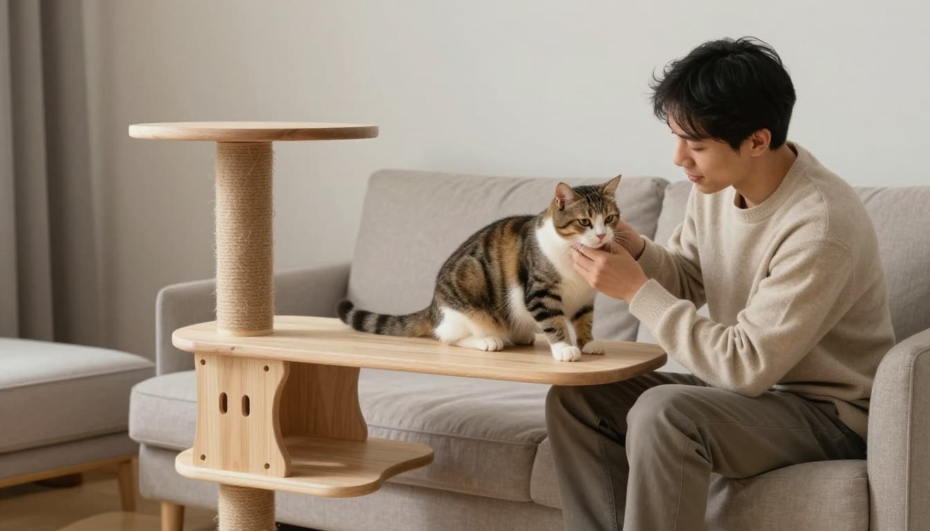 A calm pet owner watches their cat slightly trembling after a sudden noise, perched tensely on a stylish cat tree in a modern Scandinavian living room with natural light and minimalist beige-gray decor.