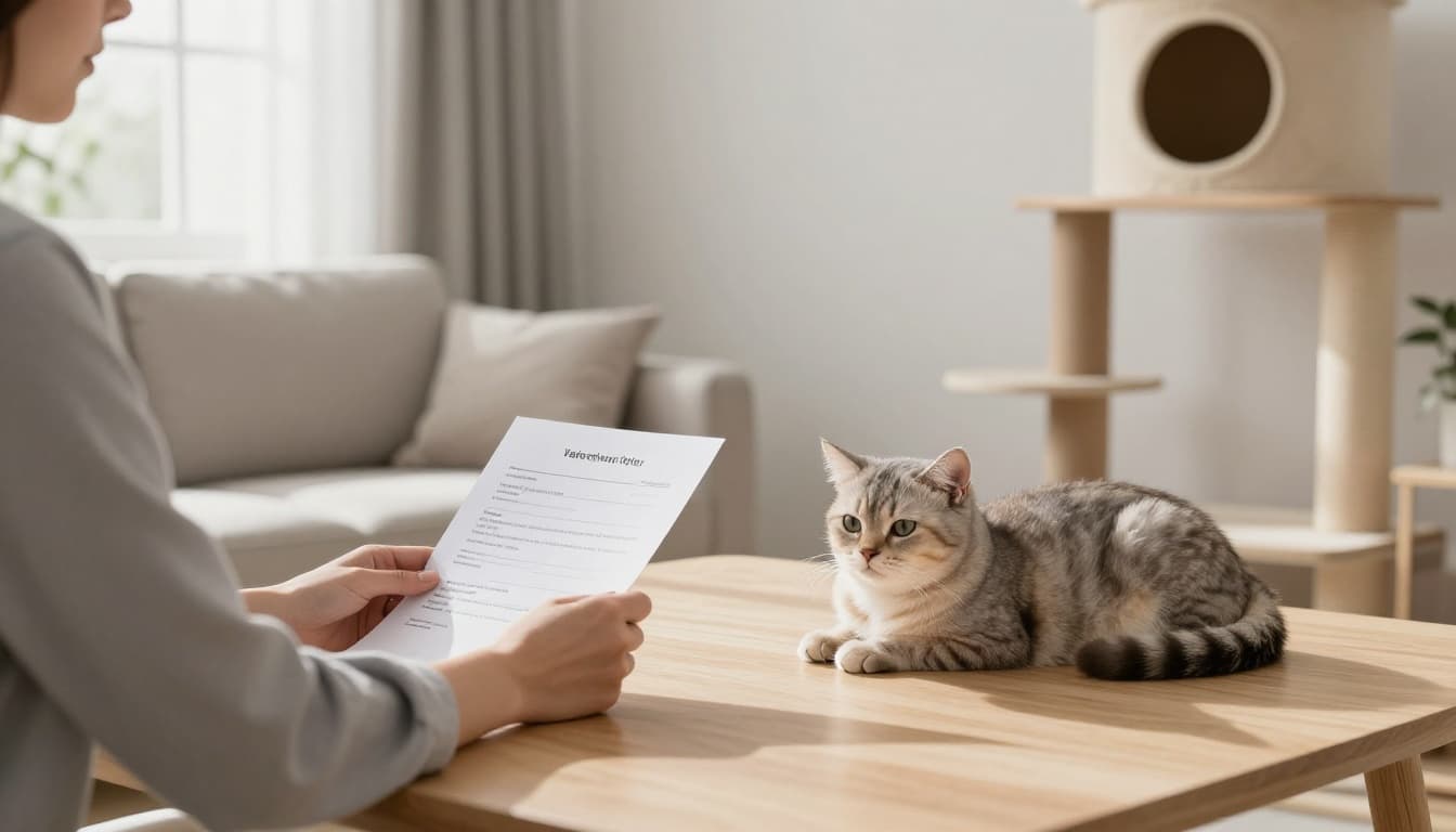 In a bright Scandinavian living room with minimalist decor, a focused owner sits at a light wooden table reviewing a veterinary quote for cat sterilization, while a serene cat rests on a nearby premium cat tree.