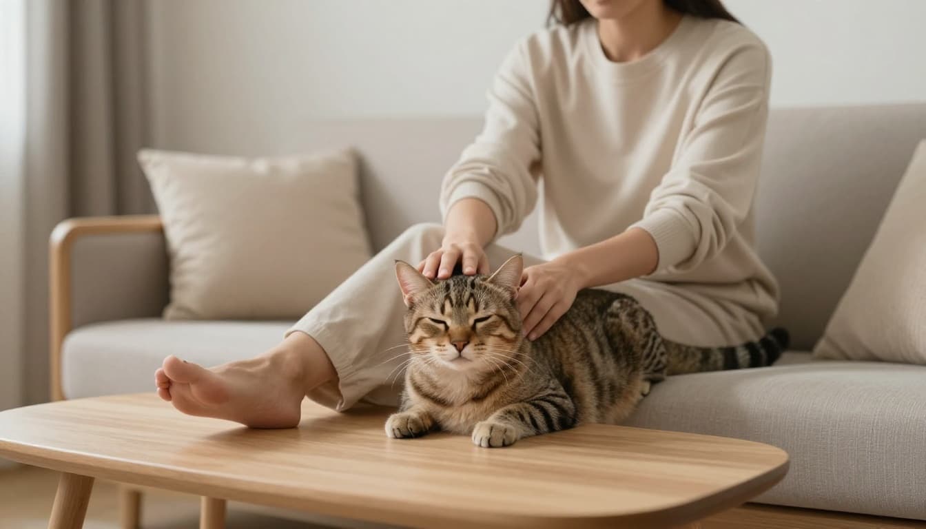 In a cozy Scandinavian living room with soft natural light and minimalist furniture, an owner sits relaxed on a modern sofa stroking their affectionate tabby cat, which rubs against their legs purring contentedly. The realistic high-end photo captures a warm inviting mood with shallow depth of field focusing on the cat's face.