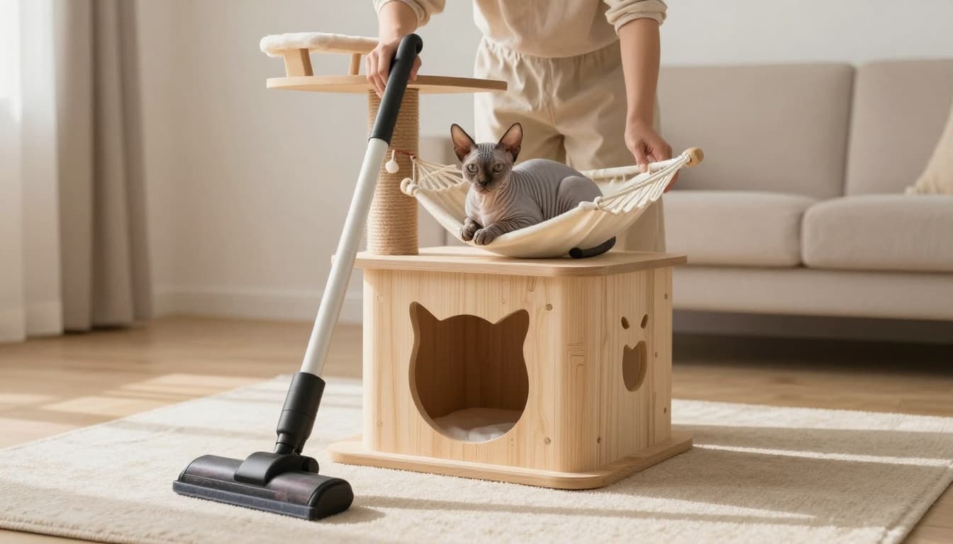 A caring owner vacuums the floor, rug, and base of a premium wooden cat tree in a cozy Scandinavian minimalist living room, while a relaxed Sphynx cat lounges on the hammock watching curiously.