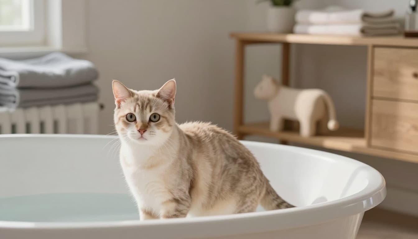 A cat exhibits clear signs of panic with pinned-back ears, dilated pupils, arched back, and extended claws near a water-filled bathtub in a bright, minimalist Scandinavian bathroom. Abundant natural light illuminates neutral tones of light wood, beige, and soft gray, creating a cozy yet tense atmosphere with folded towels and an elegant cat tree in the background.