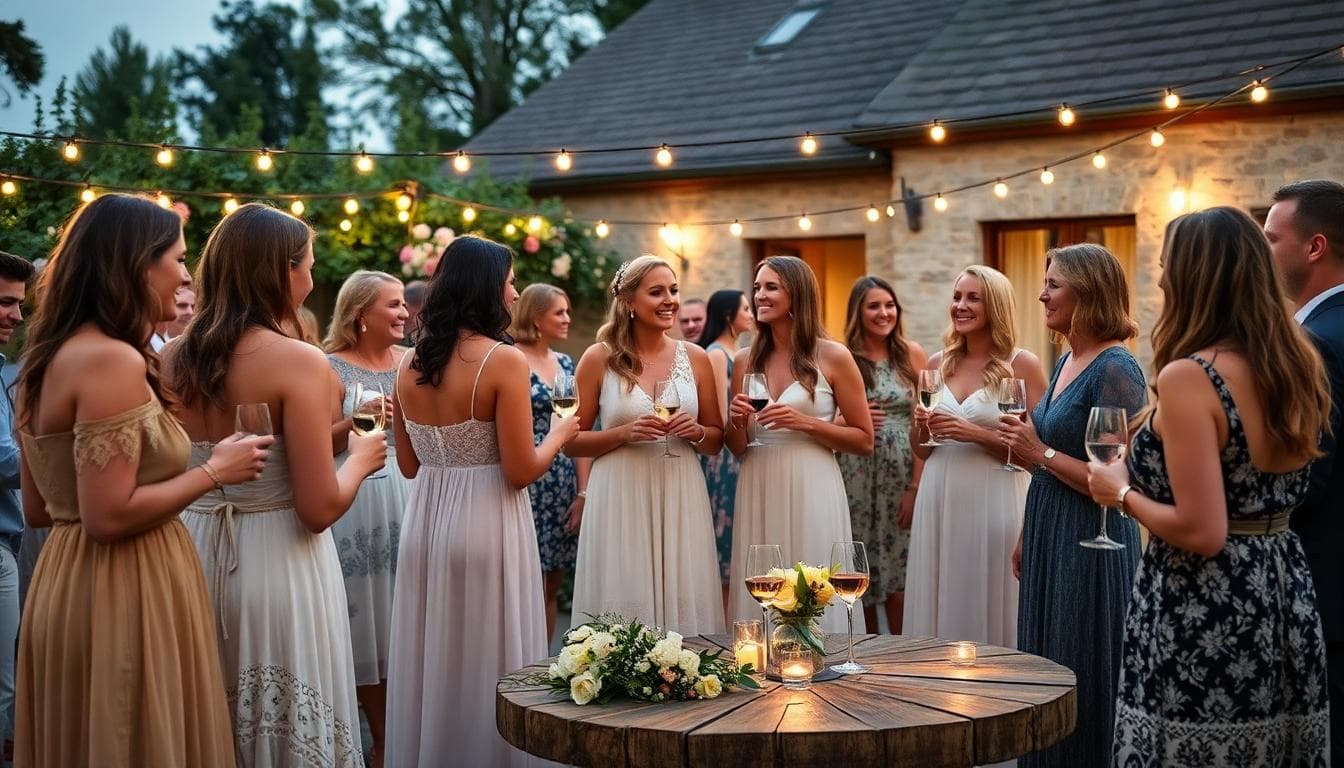Scène de vin d'honneur bohème en plein air avec invités qui trinquent, ambiance douce et chaleureuse