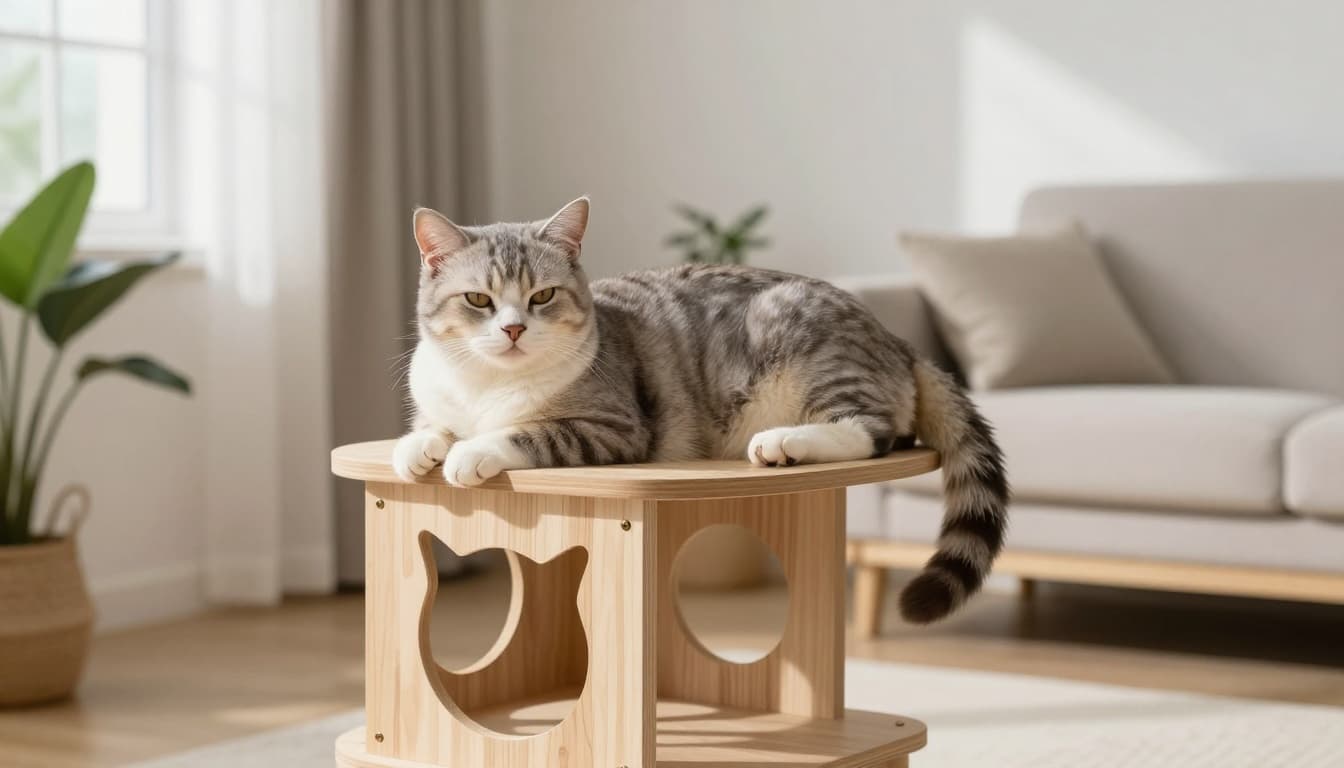 A relaxed domestic female cat lounges on a light wood cat tree in a bright minimalist Scandinavian living room with natural light and plants.