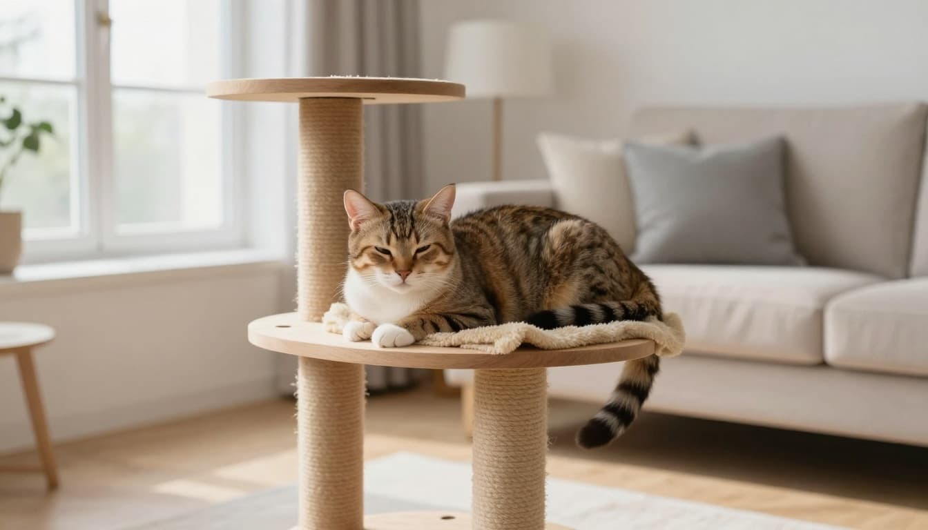 A beautiful domestic cat rests peacefully on a premium wooden cat tree in a bright Scandinavian-style living room, looking slightly tired with a warm blanket nearby after a vaccine.