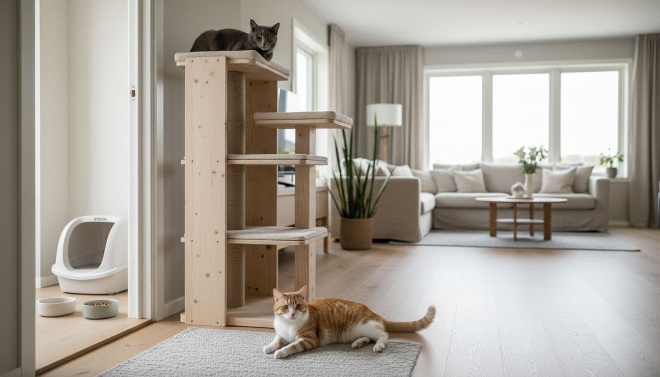 Elegant bright Scandinavian modern home features a gray cat lounging on a stylish cat tree and a tabby cat resting nearby, with minimalist decor and natural light creating a calm mood.