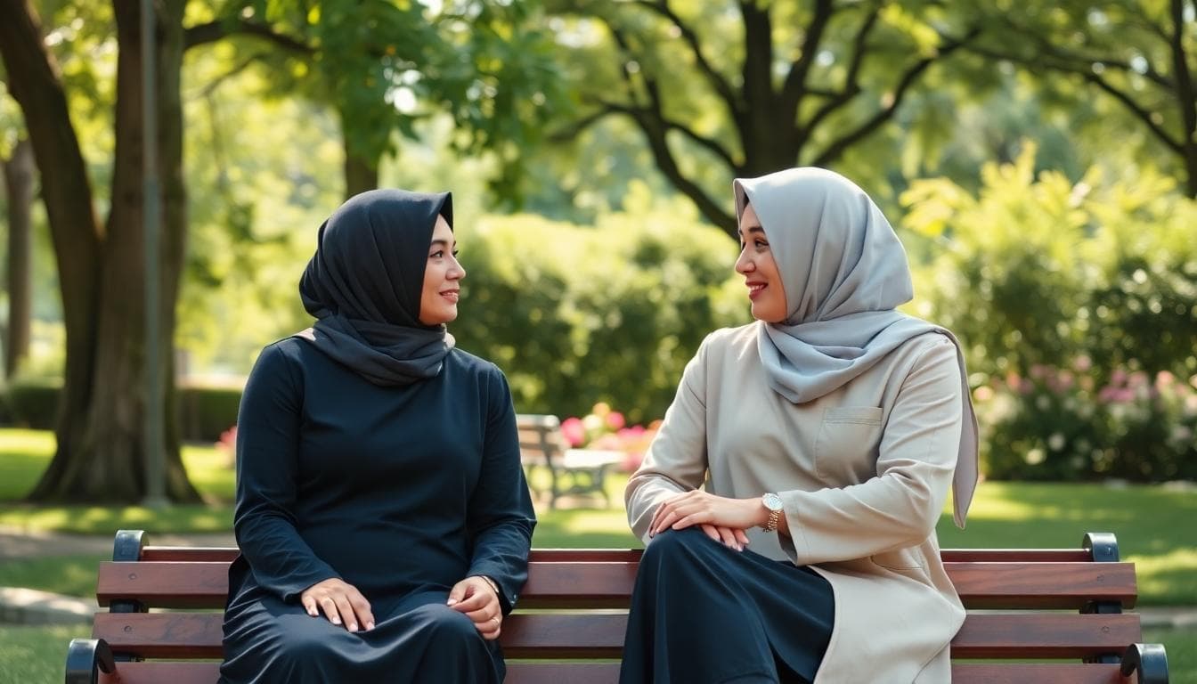 Couple musulman en tenue pudique discutant calmement sur un banc au soleil, distance respectueuse et regard bienveillant