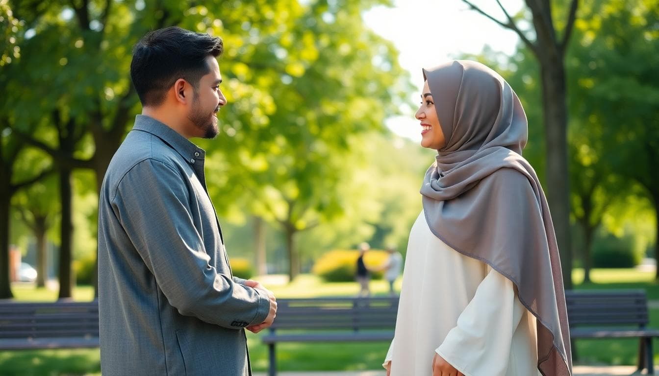 Couple pudique dans un parc public, distance respectueuse et sourire discret