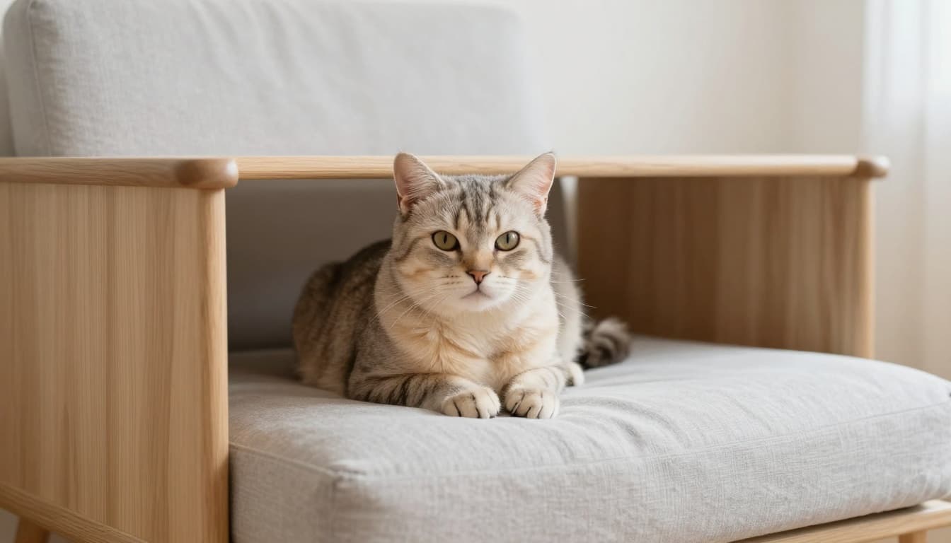 A serene senior cat rests calmly near an accessible litter box in an elegant Scandinavian living room with soft natural lighting, light wood furniture, and a neutral beige and light gray palette.