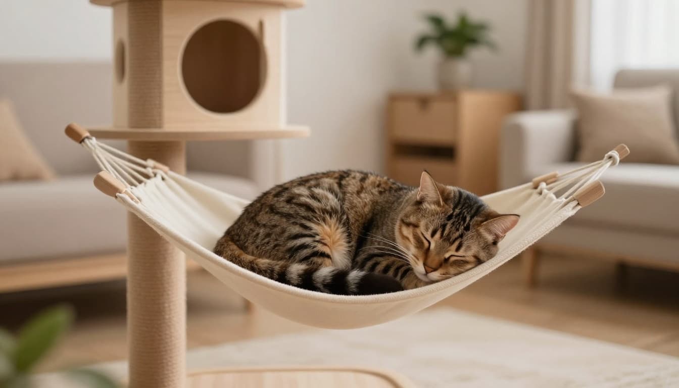 A content female cat rests peacefully after her heat cycle in anoestrus phase, curled up on a hammock of a premium wooden cat tree in a luminous Scandinavian living room with soft evening light, neutral beige tones, and cozy atmosphere.