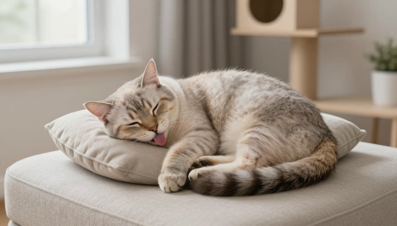 An elegant short-haired cat sleeps curled up on a soft beige cushion in a bright Scandinavian living room, its pink tongue slightly protruding in bliss. Natural light illuminates the minimalist decor, creating a warm, cozy mood.