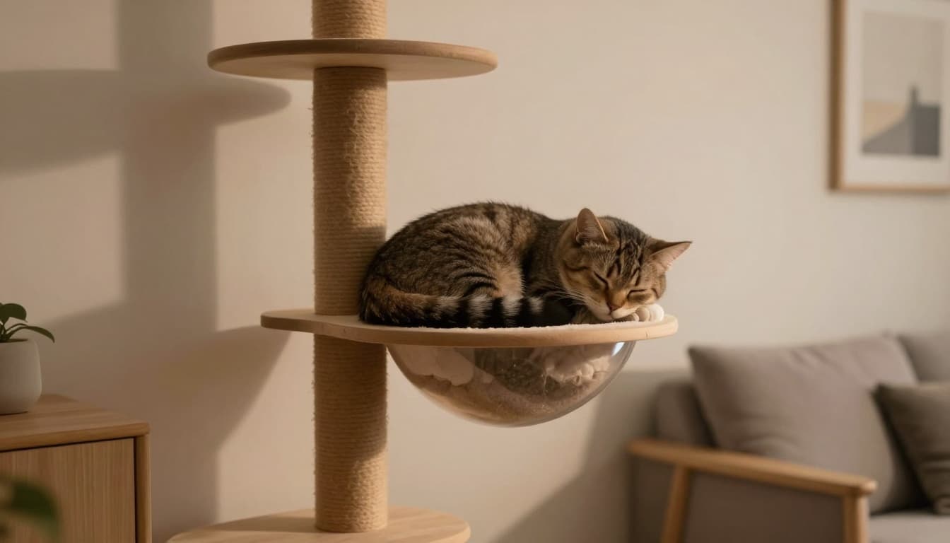 A peaceful cat curled up asleep on a high perch of a sturdy wooden cat tree in a modern Scandinavian living room at nighttime, with soft warm lamp light creating a cozy atmosphere.