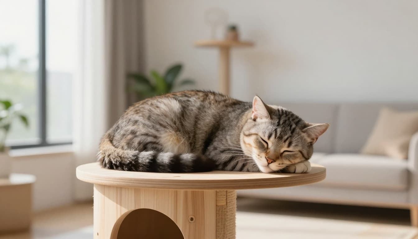A calm female cat rests curled up in a relaxed sleeping posture on a premium light wood cat tree, eyes half-closed and content, in a serene modern Scandinavian living room with soft natural light and minimalist decor.