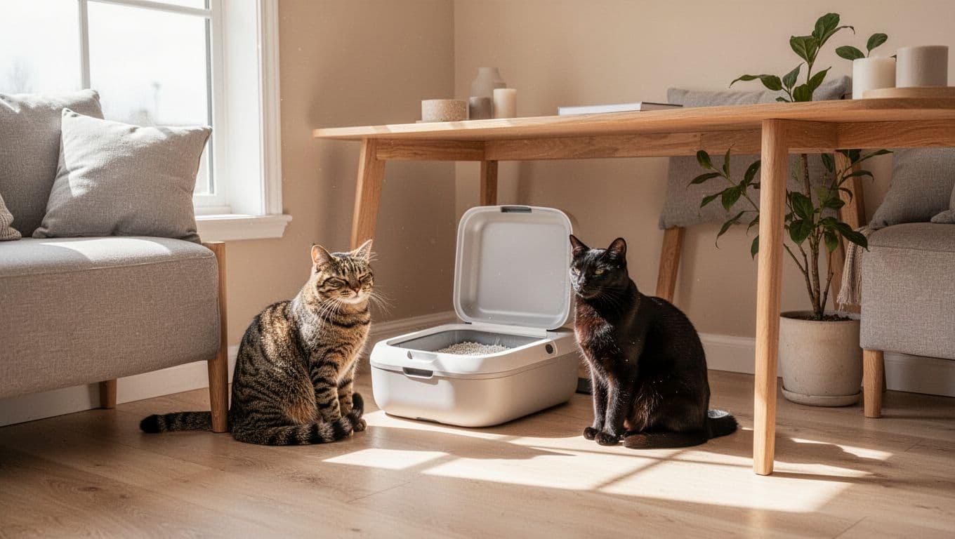 In a bright minimalist Scandinavian living room, a relaxed tabby cat and a calm black cat sit near a discreet open modern litter box under a wooden table, bathed in natural light.