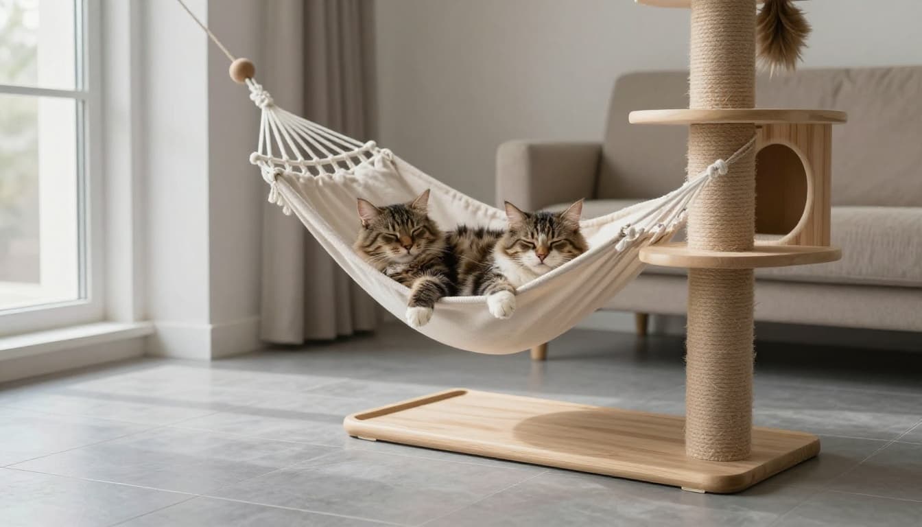 Modern Scandinavian living room featuring a fluffy tabby cat sleeping stretched out in an elevated hammock on a premium wooden cat tree, contrasting cold grey tiled floor with warm minimalist beige and light wood decor.