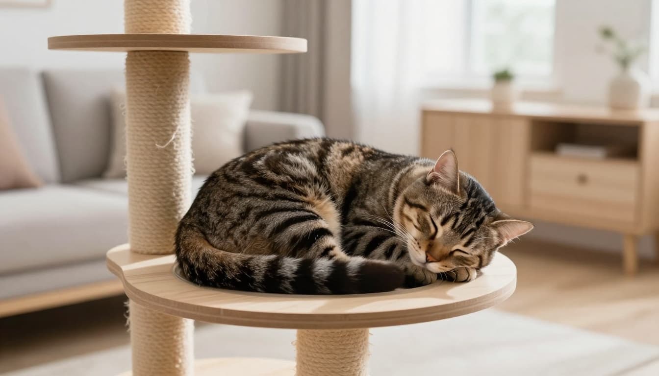 An adult tabby cat sleeps peacefully curled up on a light wood cat tree in a bright modern Scandinavian living room with natural light and minimalist decor.