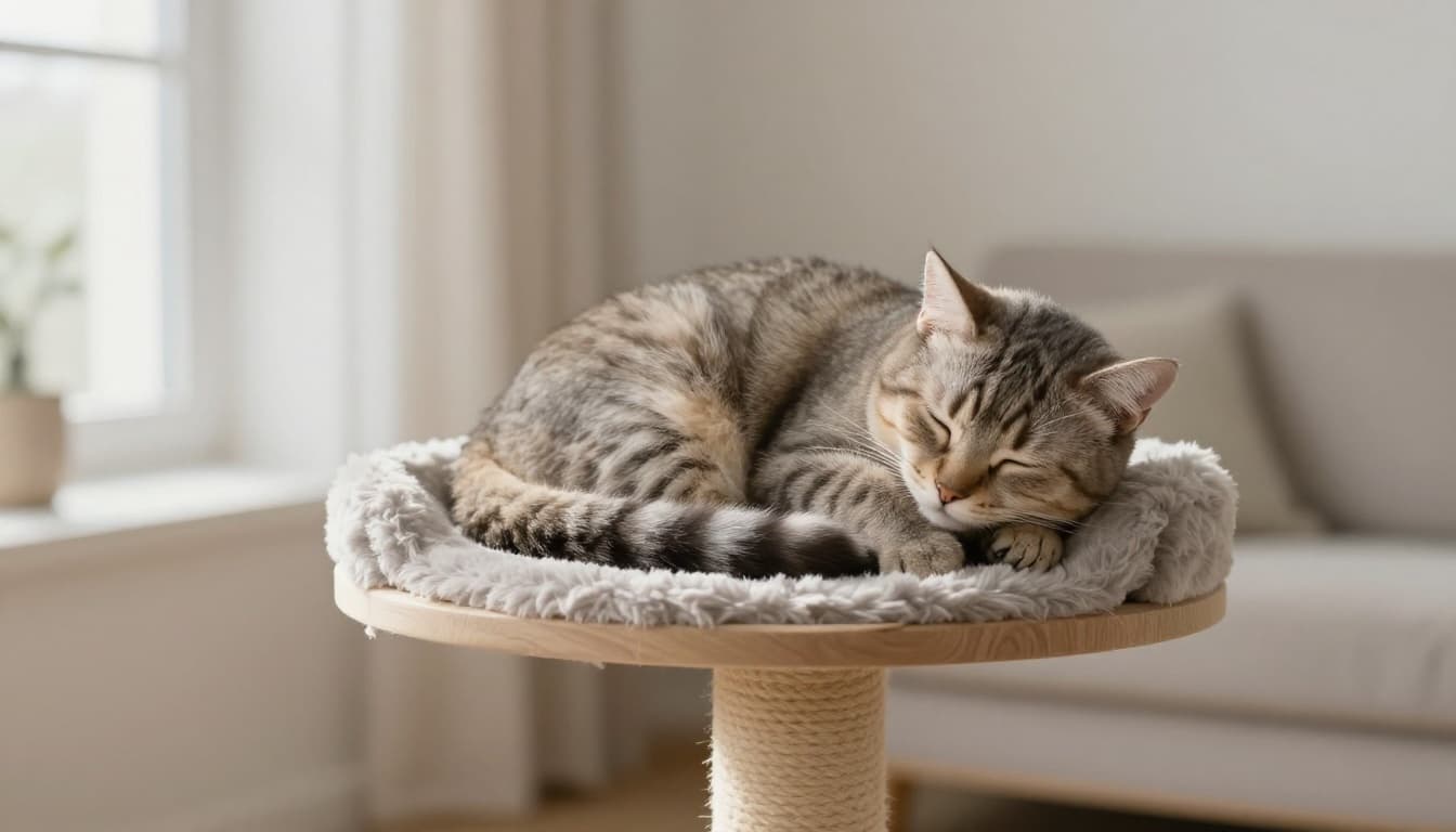 An adult cat sleeps peacefully curled up on a premium stable cat tree perch in a bright minimalist Scandinavian living room with subtle paw twitches indicating REM sleep dreams.