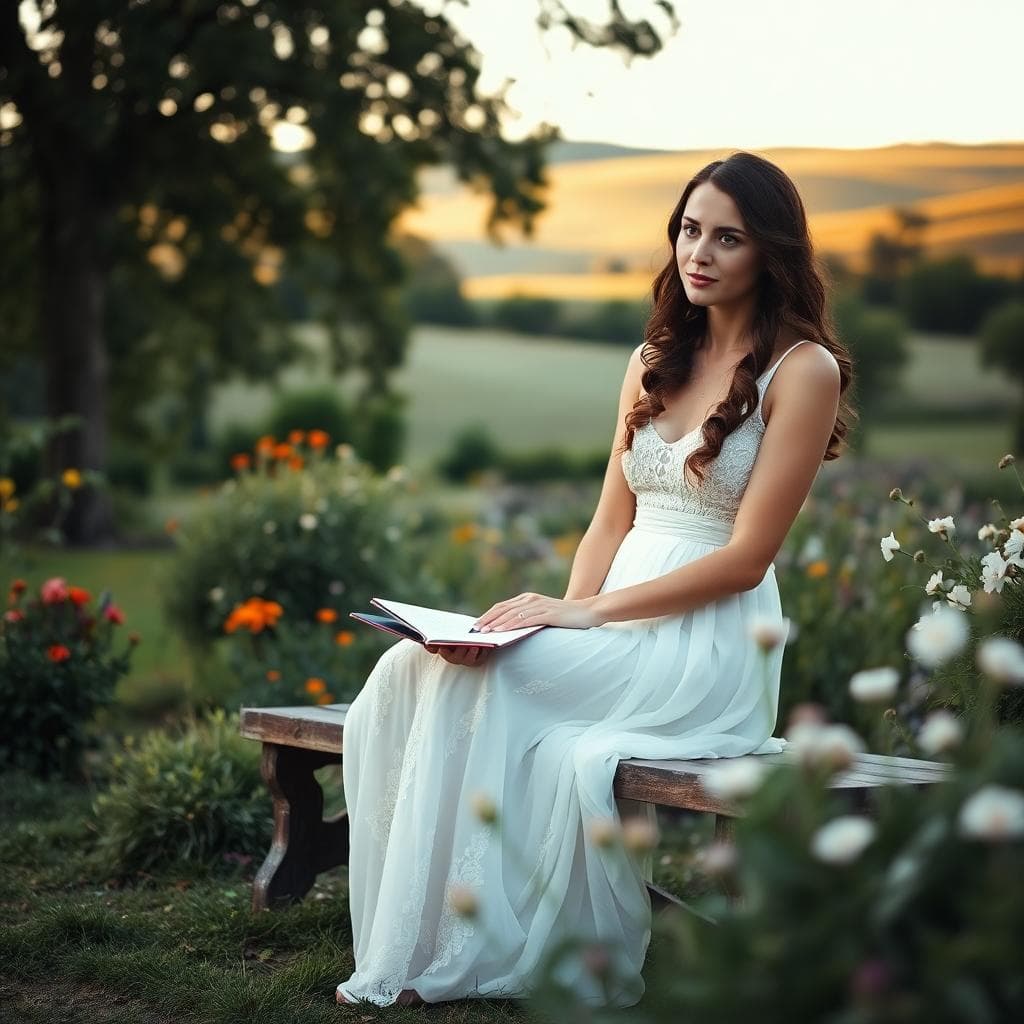 Mariée bohème réfléchissant au choix du nombre de demoiselles d’honneur, carnet en main dans un jardin à la française. Image created with AI