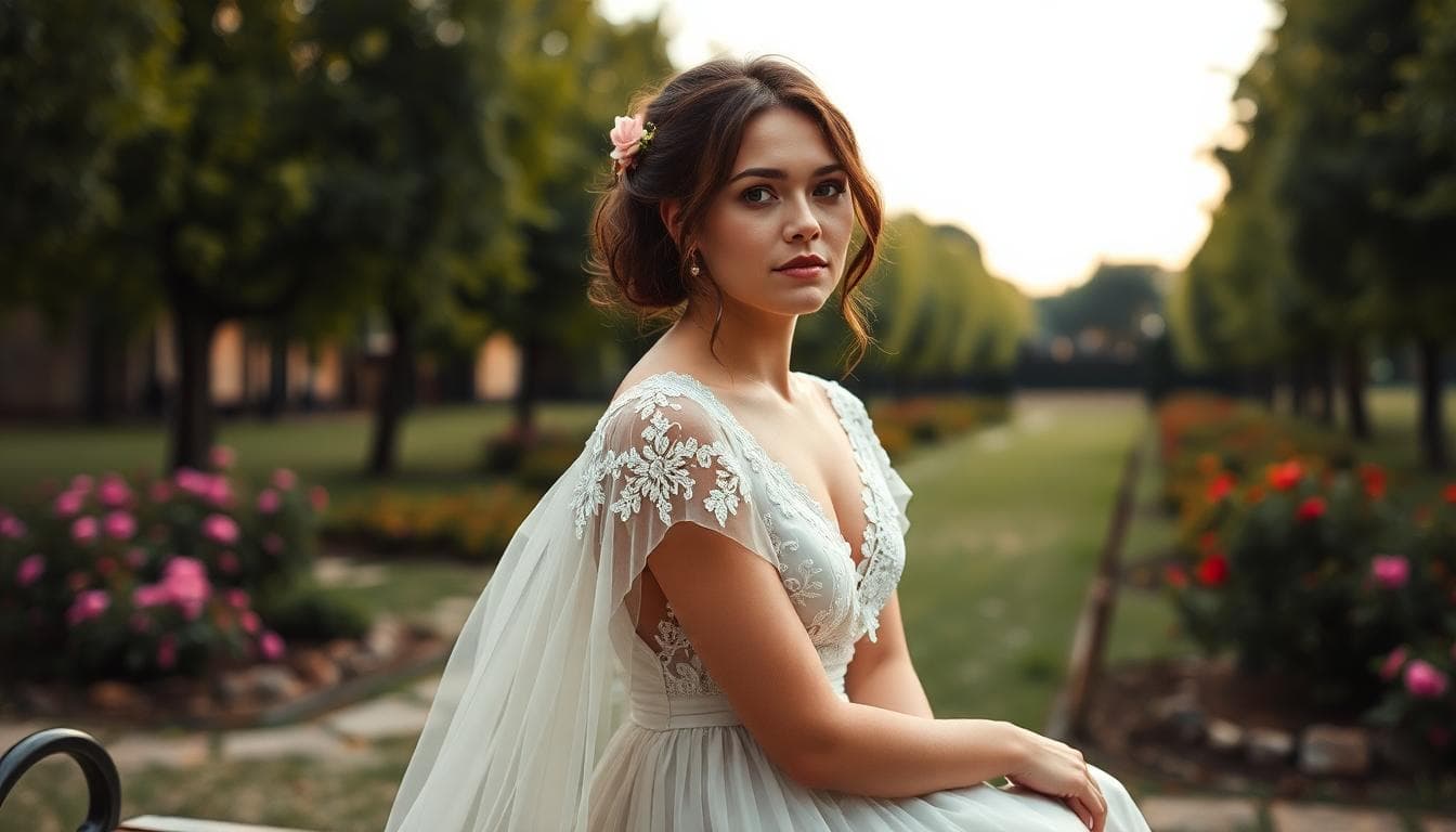Mariée bohème pensive dans un jardin champêtre, lumière douce et ambiance introspective